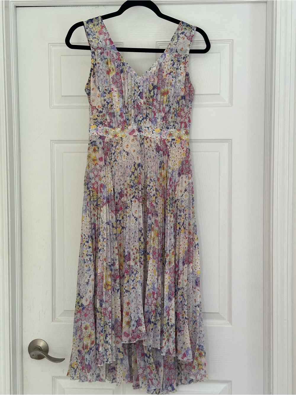 Tracy Reese Lavender Multi Floral High-Low Pleated Midi Dress